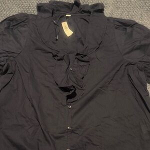 Navy Ruffled Button-Up Blouse